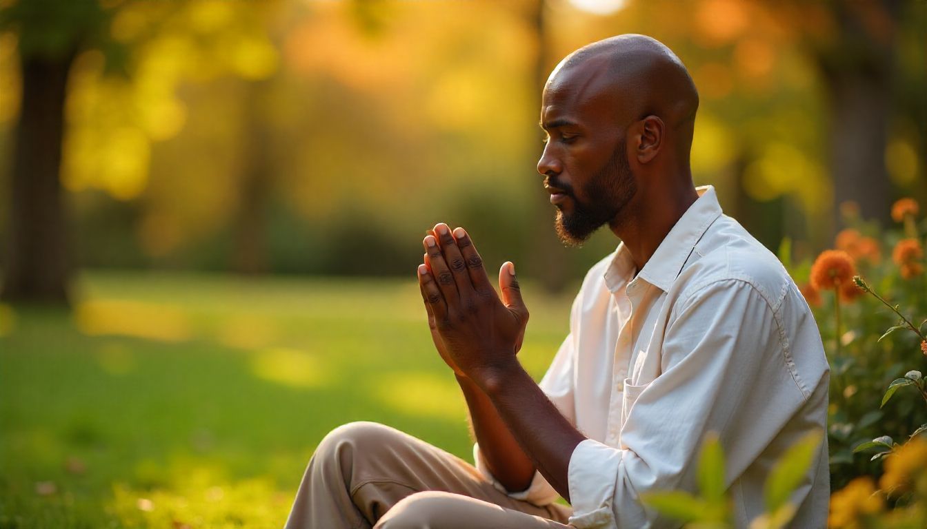 Man praying in gentle sunlight, expressing gratitude and peace.
