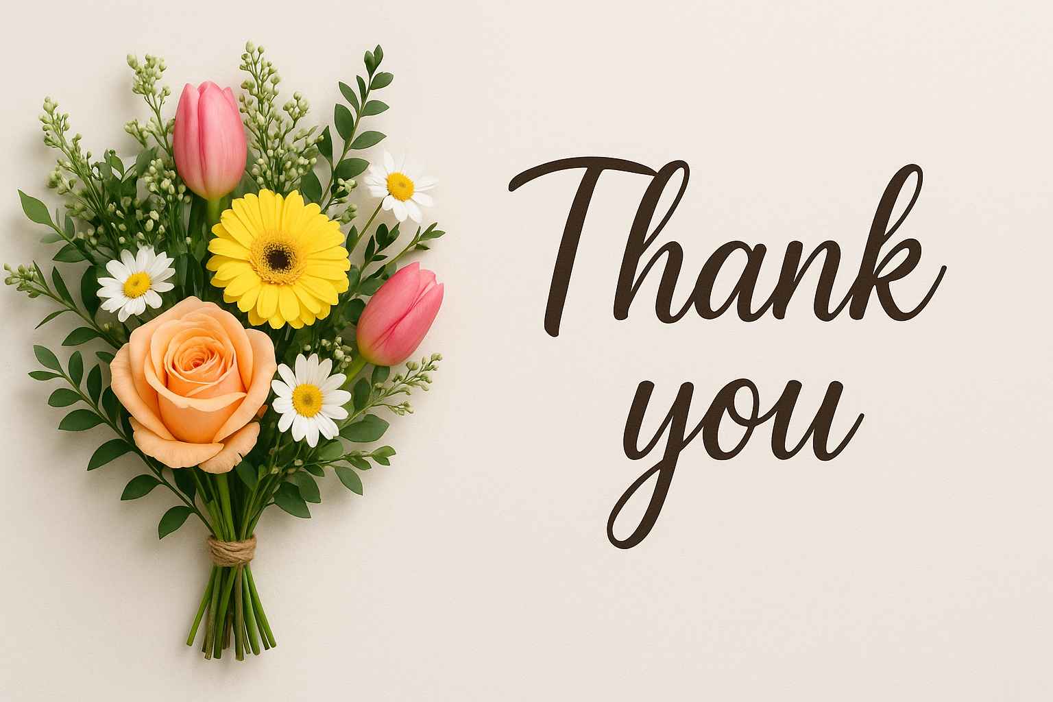 Elegant thank-you card with a vase of flowers on a pastel background and handwritten text.