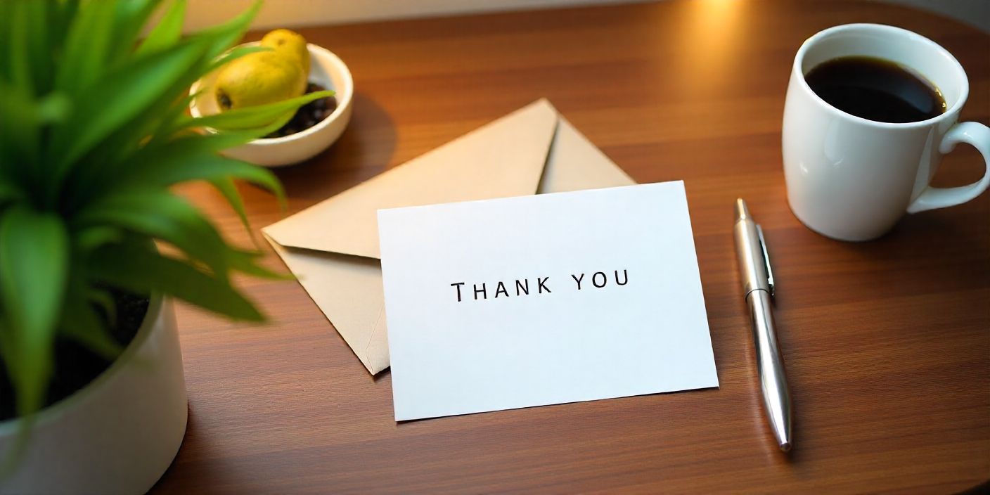 Elegant thank-you card and envelope on a table with coffee and greenery, symbolizing gratitude for an invitation.