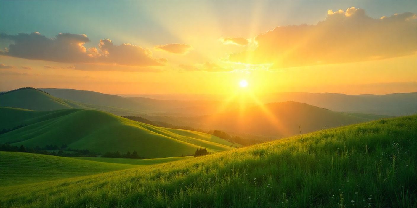 Sunny Thursday morning landscape with motivational greeting.