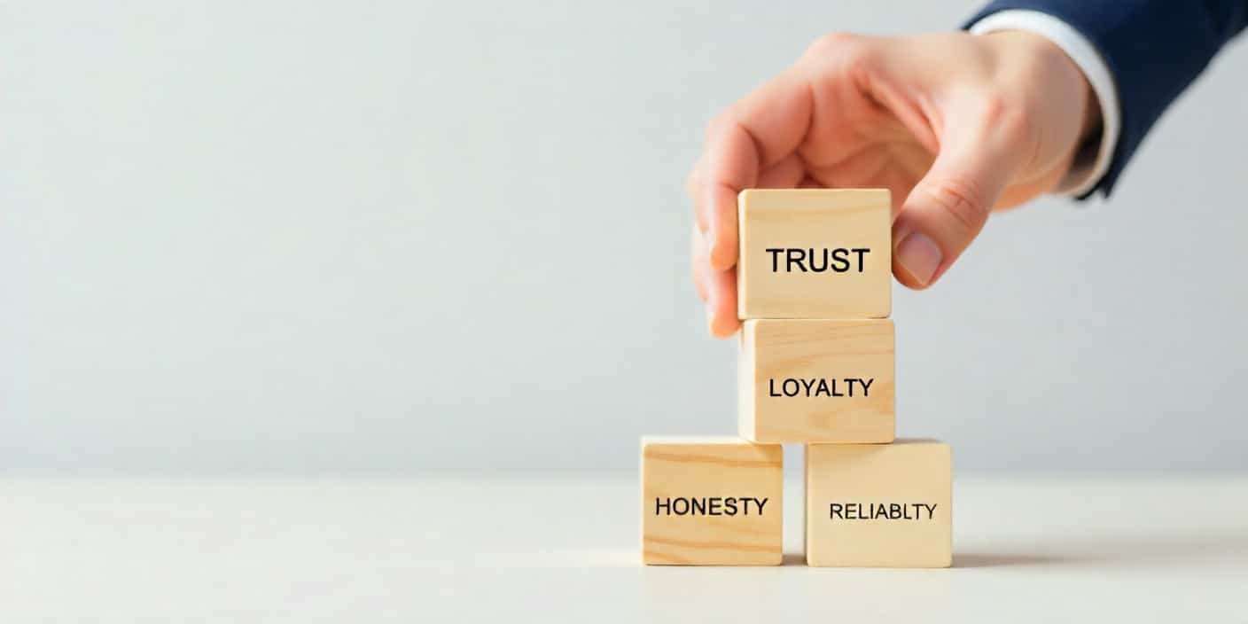 Businessman stacking wooden blocks with the word trust to represent client reliability and transparency.