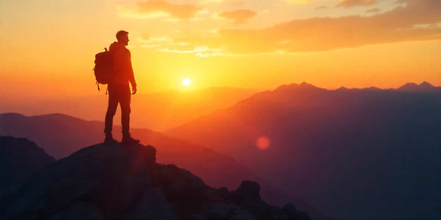 Man standing confidently on a mountain peak at sunrise, symbolizing trust and reliability.