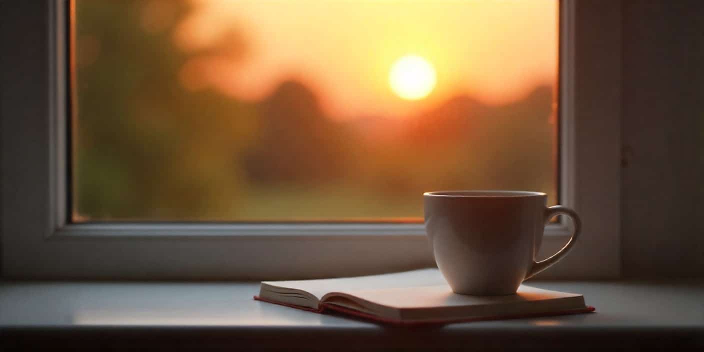 Coffee cup and sunrise scene representing a peaceful Tuesday morning.