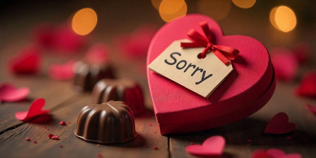 75+ Heartfelt Valentine Apology Messages Apology note with rose and petals symbolizing Valentine’s Day regret.