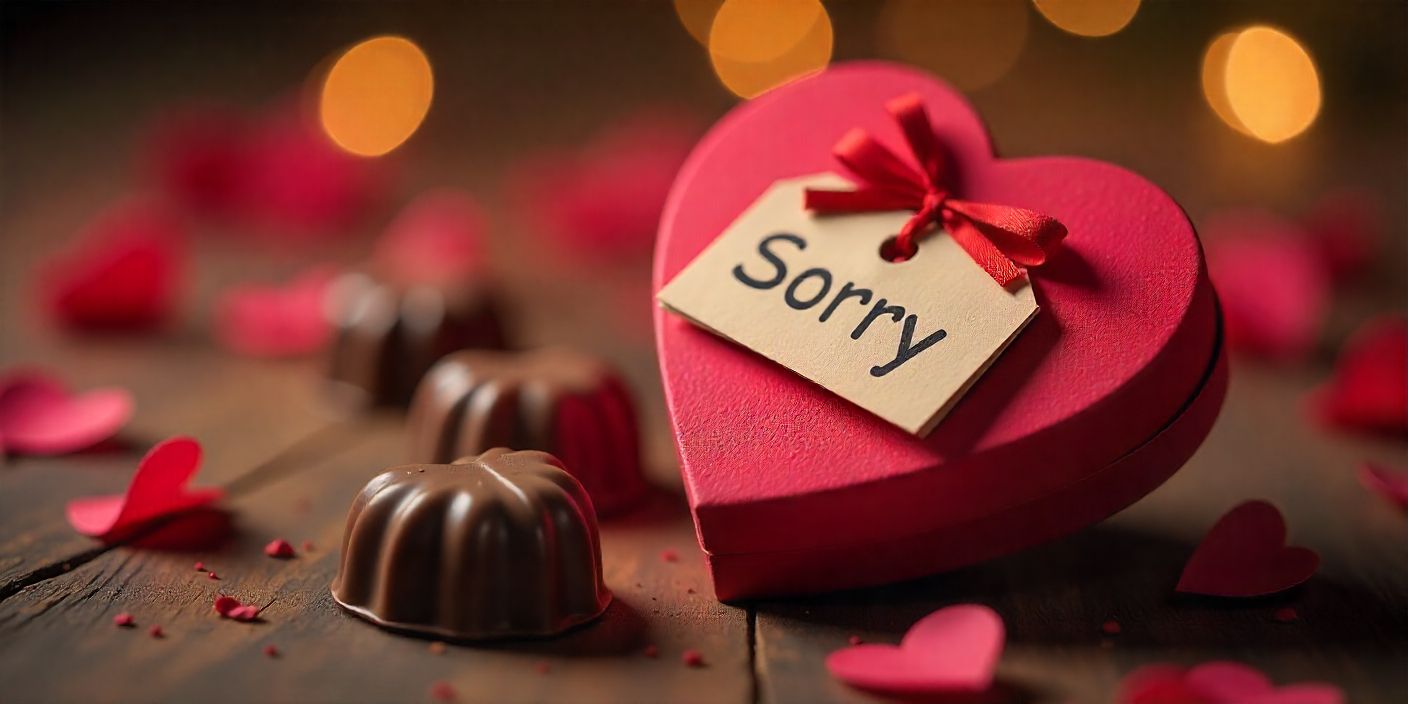 Apology note with rose and petals symbolizing Valentine’s Day regret.