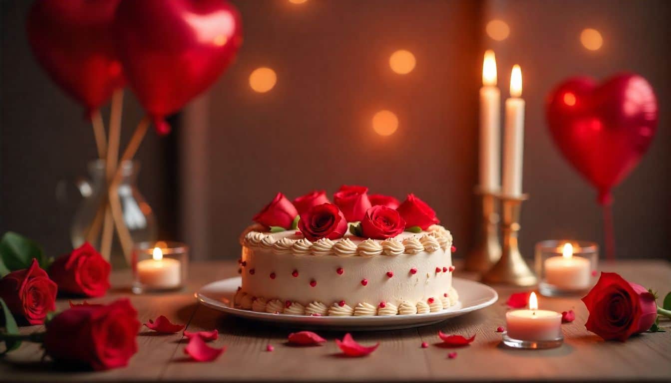 Romantic table setup with birthday cake, roses, and heart balloons for Valentine birthday.