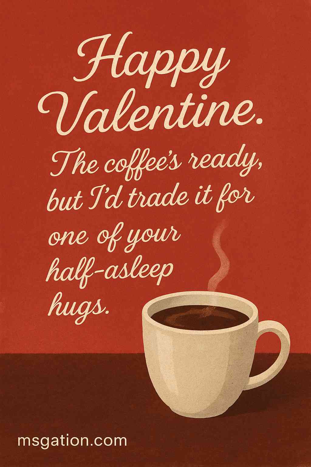 Happy Valentine. The coffee’s ready, but I’d trade it for one of your half-asleep hugs.