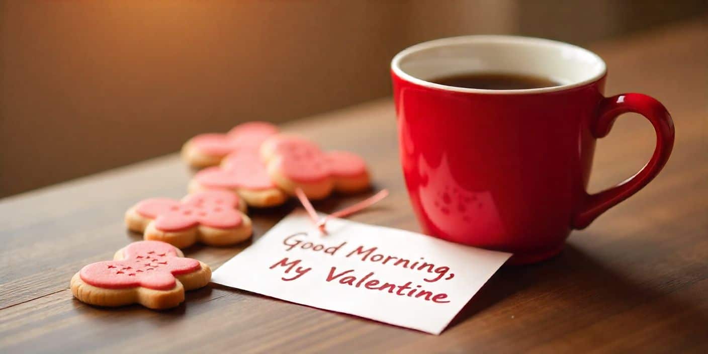 Romantic morning scene with heart cookies and good morning note for Valentine’s Day.