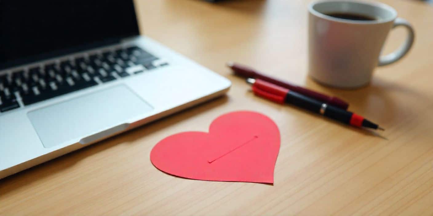 Valentine office background with heart card and laptop on desk.