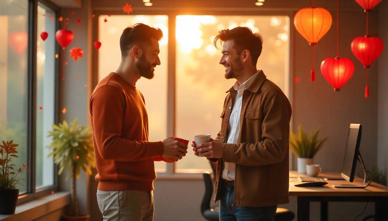 Male coworkers exchanging Valentine cards in a decorated office with friendly atmosphere.