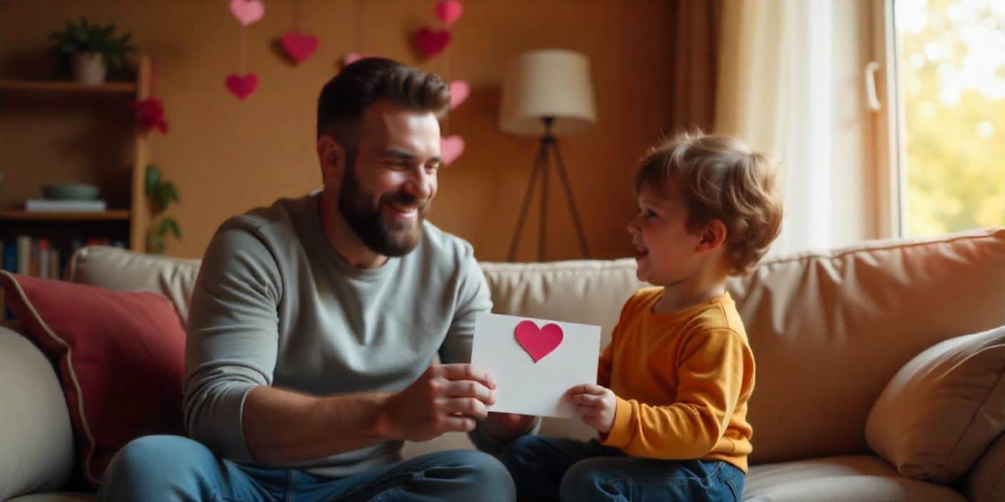 Father and son sharing a handmade Valentine’s card in a warm, heartfelt home setting.