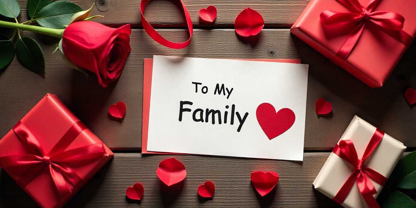 Flat lay of Valentine’s Day cards and gifts for family on a rustic table.