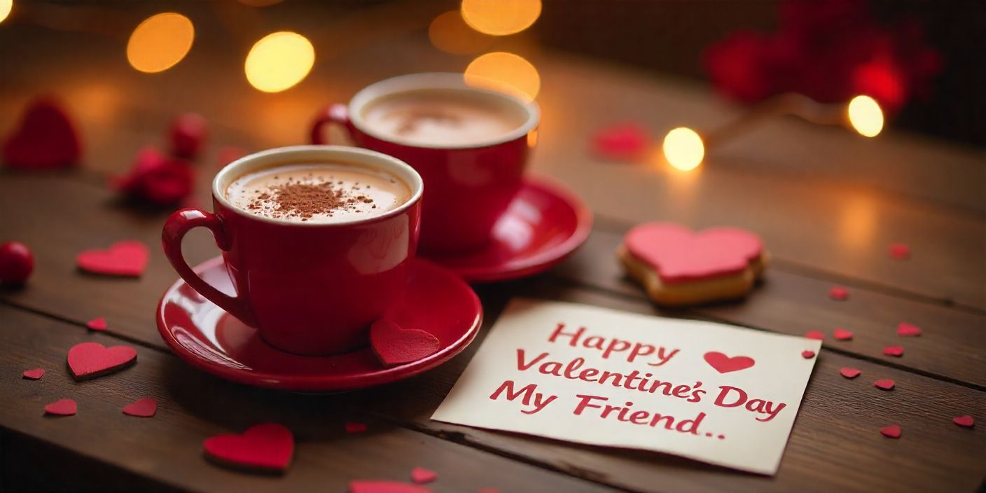 Friendship-themed Valentine’s Day setup with hot chocolate and heart cookies.