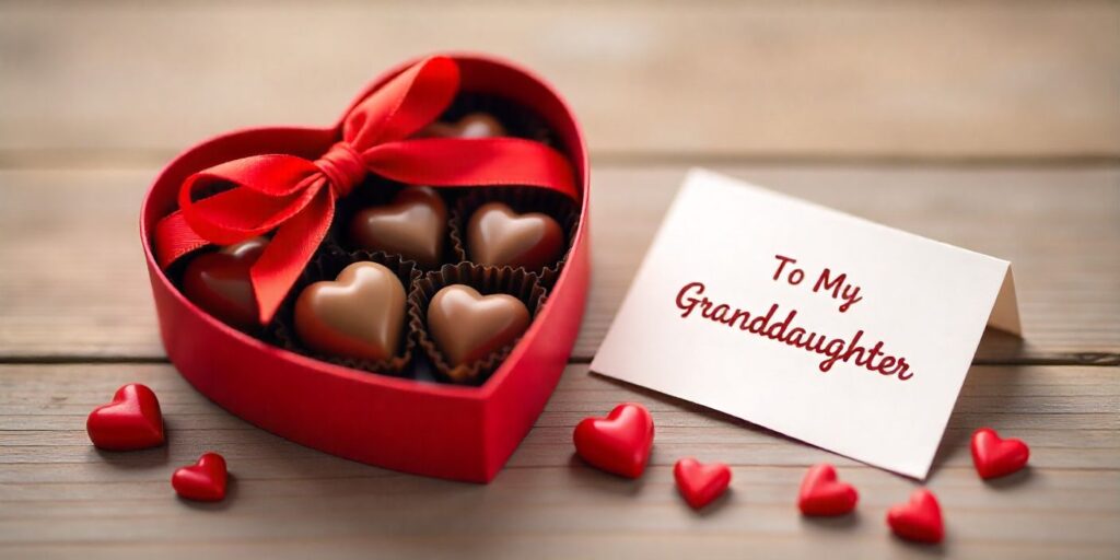 55+ Valentine Messages for Granddaughter Valentine’s gift box and card expressing love for a granddaughter on Valentine’s Day.