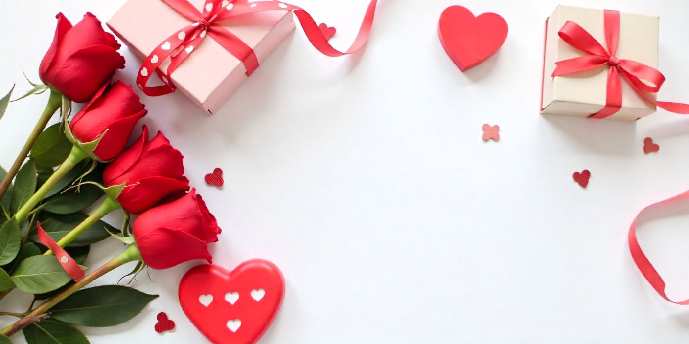 Valentine’s flat lay with roses, heart box, and love card for husband.
