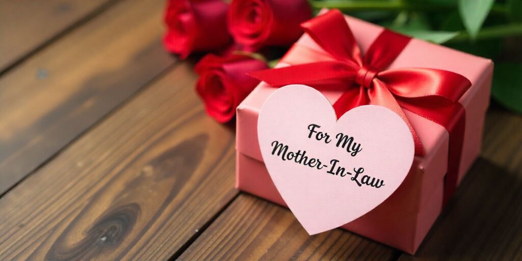 55+ Sweet Valentine Messages for Mother-In-Law Valentine’s gift and heart card for mother-in-law on wooden table with roses.