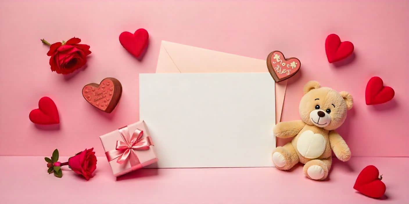 Cute Valentine’s Day card and teddy bear gift on pastel background.