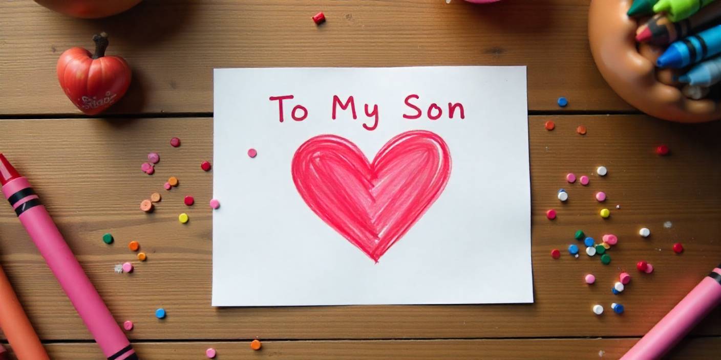 Valentine card for son on table, showing heartfelt love and affection from parent.
