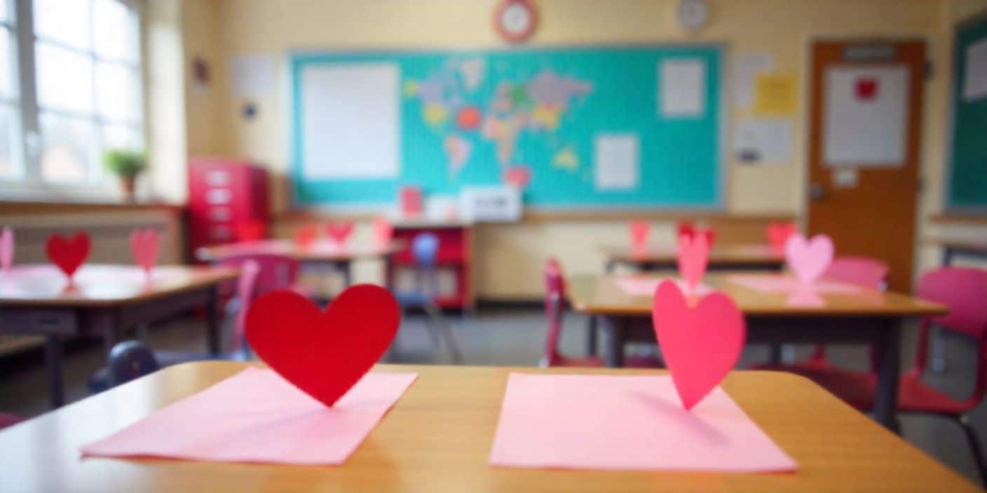 Classroom with heart decorations for students on Valentine’s Day.