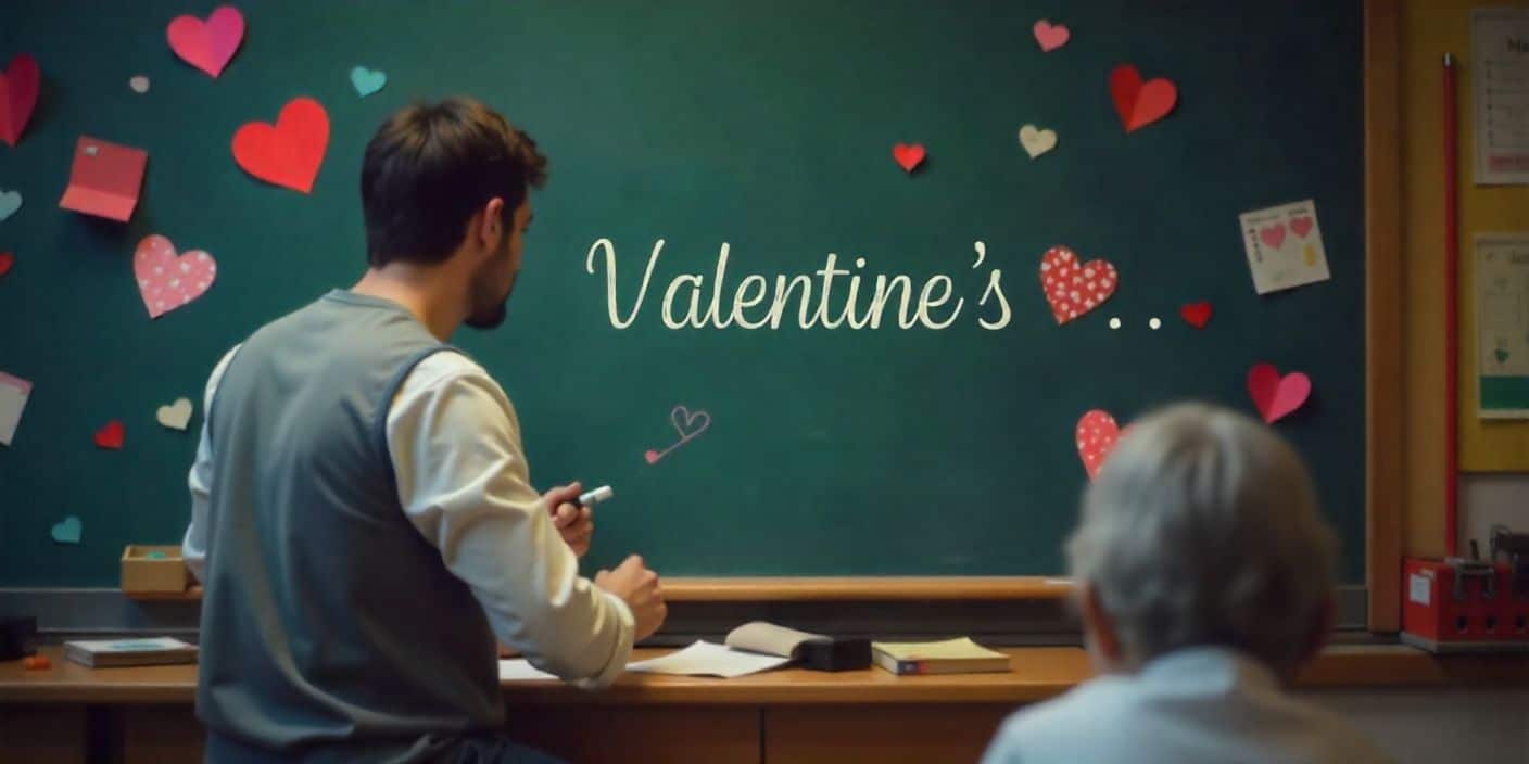 Male teacher writing Valentine greetings for students on classroom chalkboard.