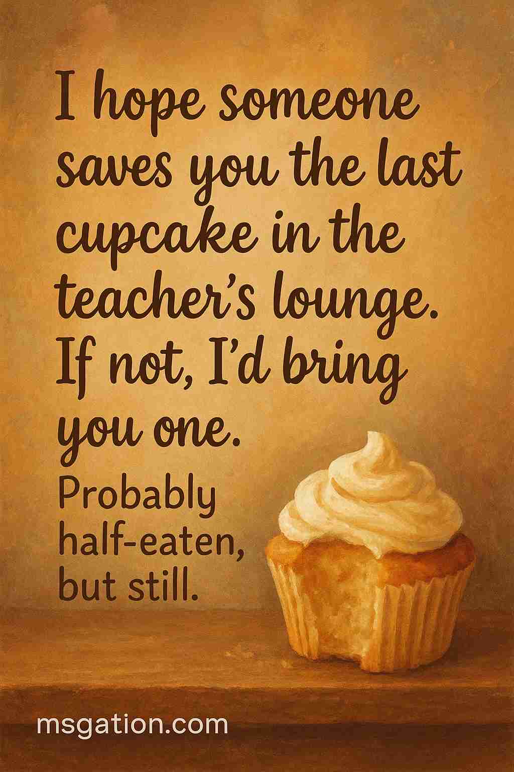 I hope someone saves you the last cupcake in the teacher’s lounge. If not, I’d bring you one. Probably half-eaten, but still.