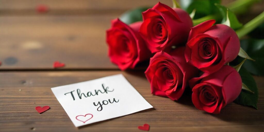 65+ Happy Valentine Thank You Messages Valentine’s gift scene with roses and thank-you card expressing love and gratitude.