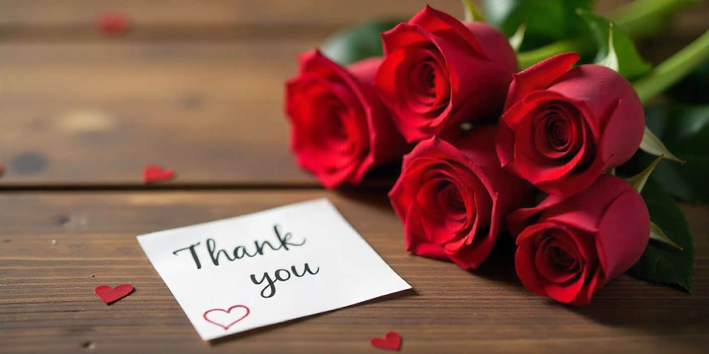Valentine’s gift scene with roses and thank-you card expressing love and gratitude.