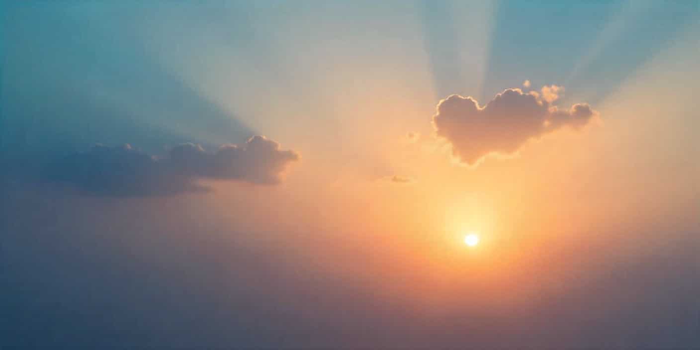 Heart-shaped clouds in a golden sunset sky symbolizing everlasting love after a husband’s passing.