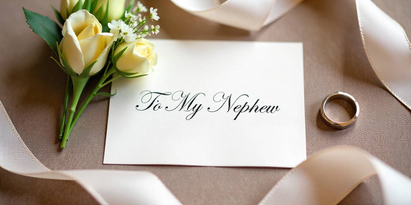 Elegant wedding card and accessories expressing heartfelt wedding wishes for a nephew.