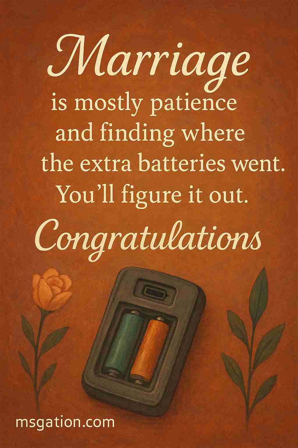 Marriage is mostly patience and finding where the extra batteries went. You’ll figure it out. Congratulations.