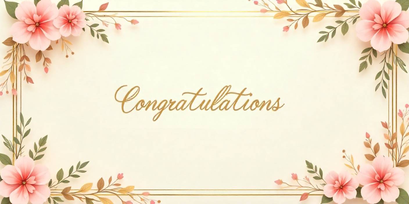 Elegant wedding wishes message card with gold accents and flowers.