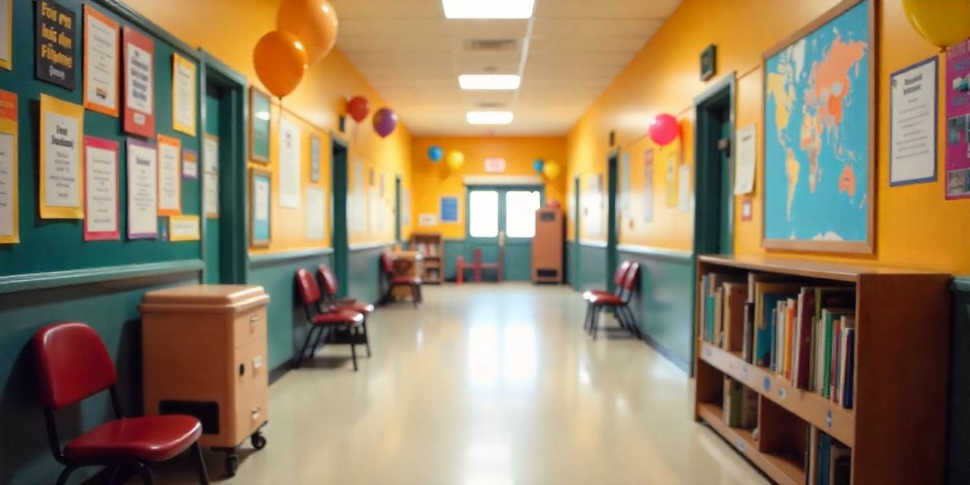 Decorated school hallway with books, balloons, and space for welcome text overlay.