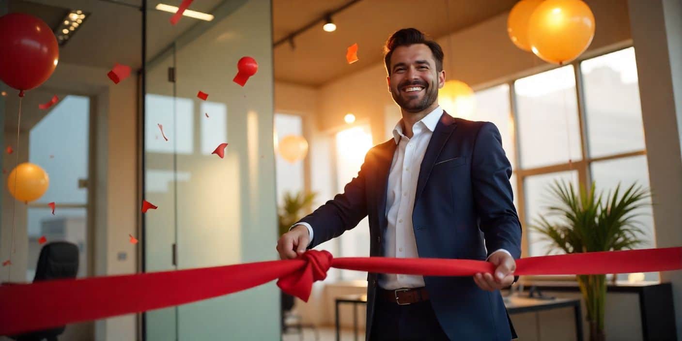 Grand new business opening ceremony with ribbon-cutting, confetti, and a smiling male entrepreneur.