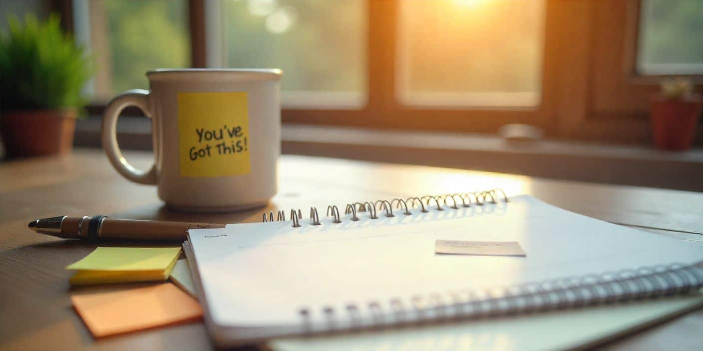 Study desk with motivational notes providing encouragement before an exam.