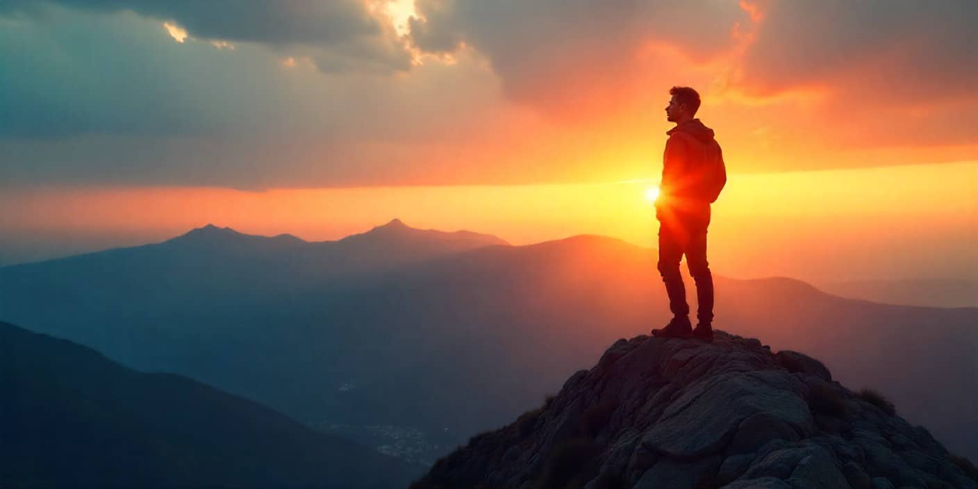 Man standing on mountain peak at sunrise symbolizing strength and perseverance.