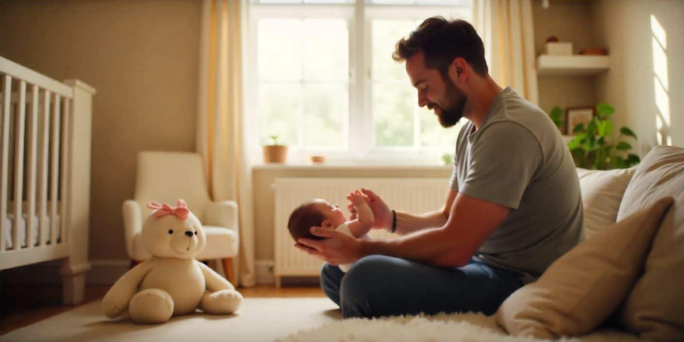 Encouraging image of a new father holding his baby’s hand in a cozy nursery.