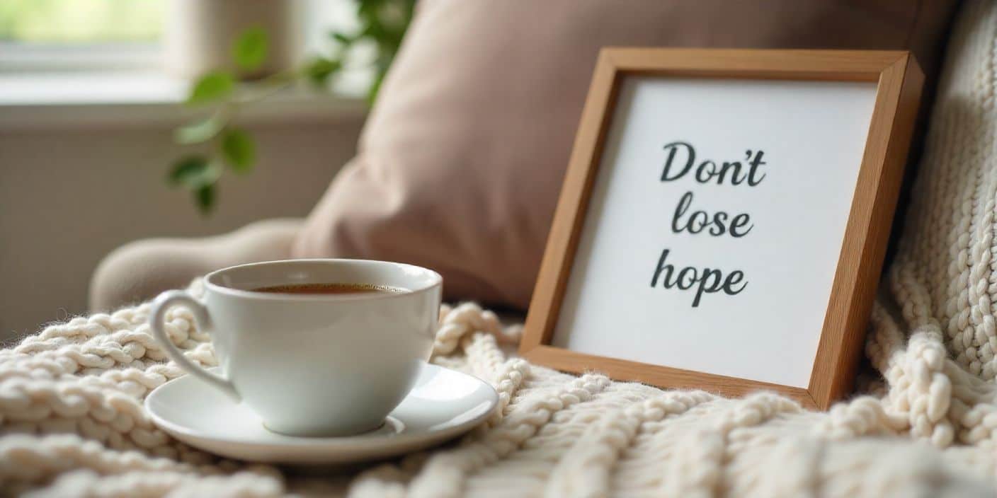 Peaceful home scene with comforting details and motivational quote offering encouragement to those trying for a baby.