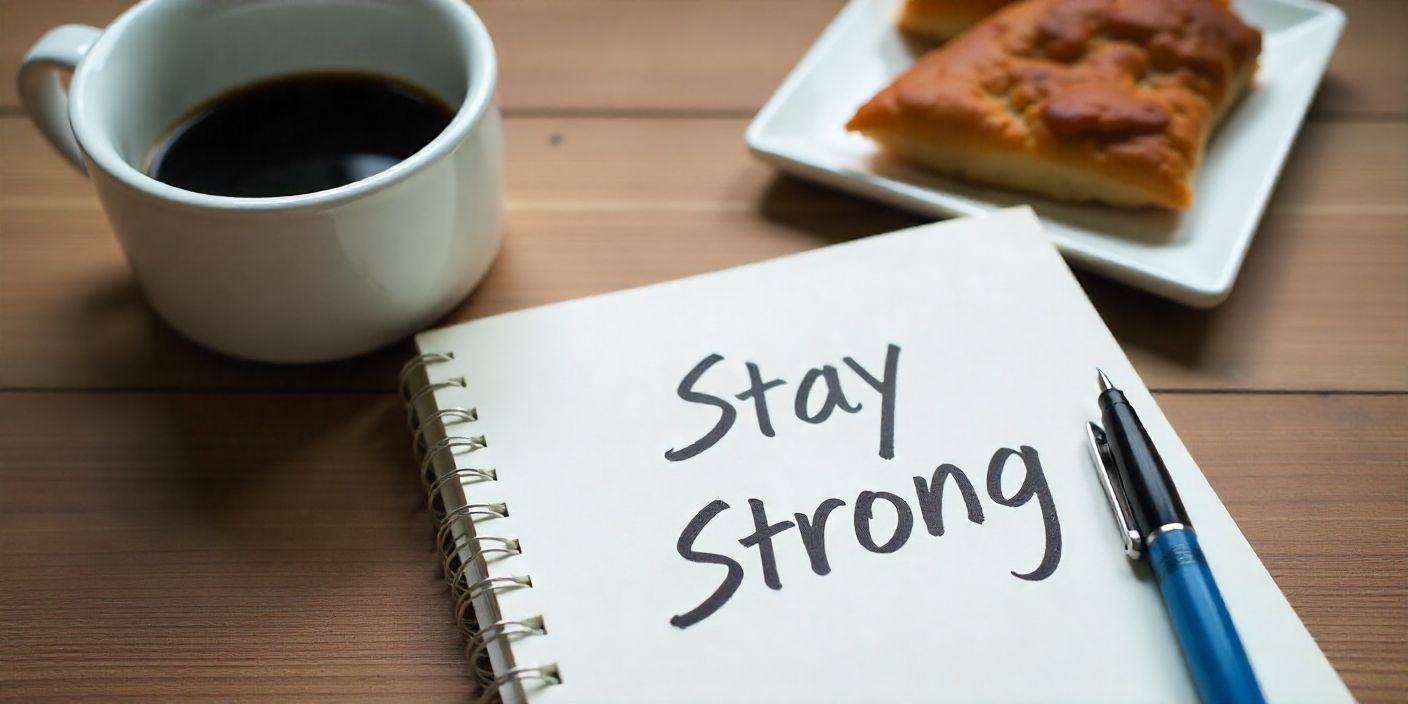 Notebook with Stay Strong message on desk symbolizing motivation after job loss.