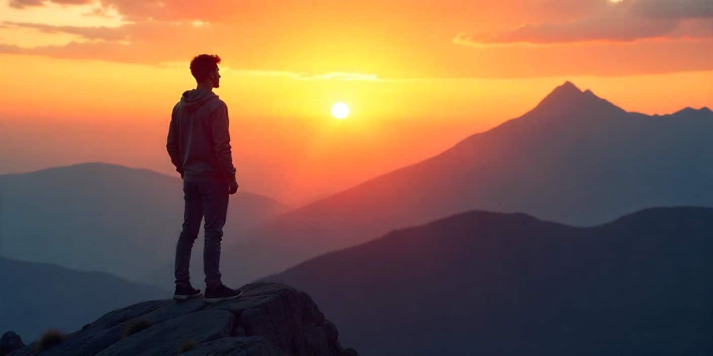 Young man standing on mountain peak at sunrise, representing courage and encouragement for son.