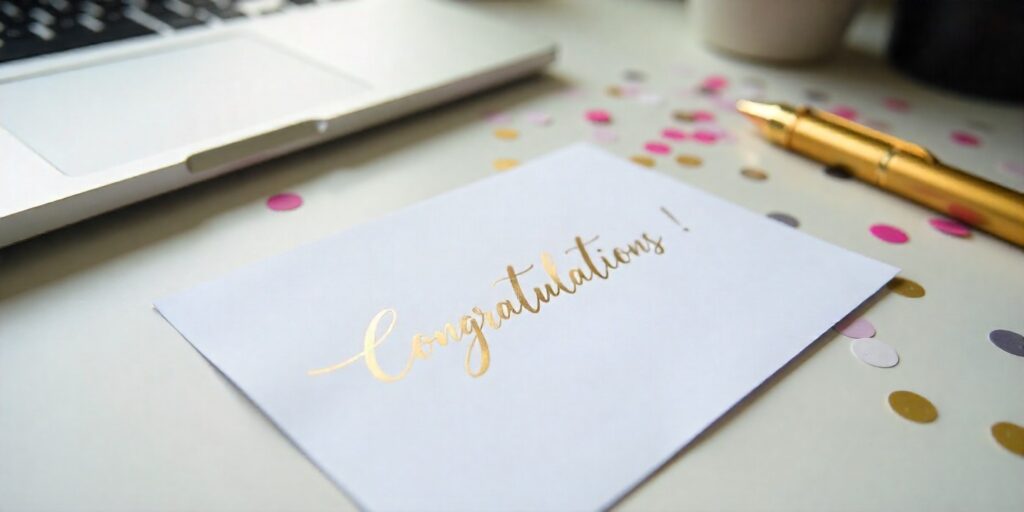 65+ Work Anniversary Wishes for Boss with Respect Work anniversary greeting card and laptop on office desk for boss.