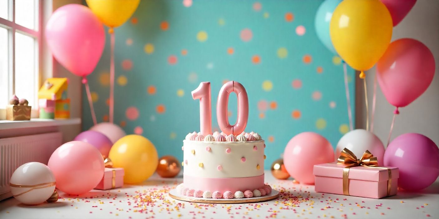 A colorful 10th birthday party setup with balloons, gifts, and a cake celebrating a daughter’s milestone.