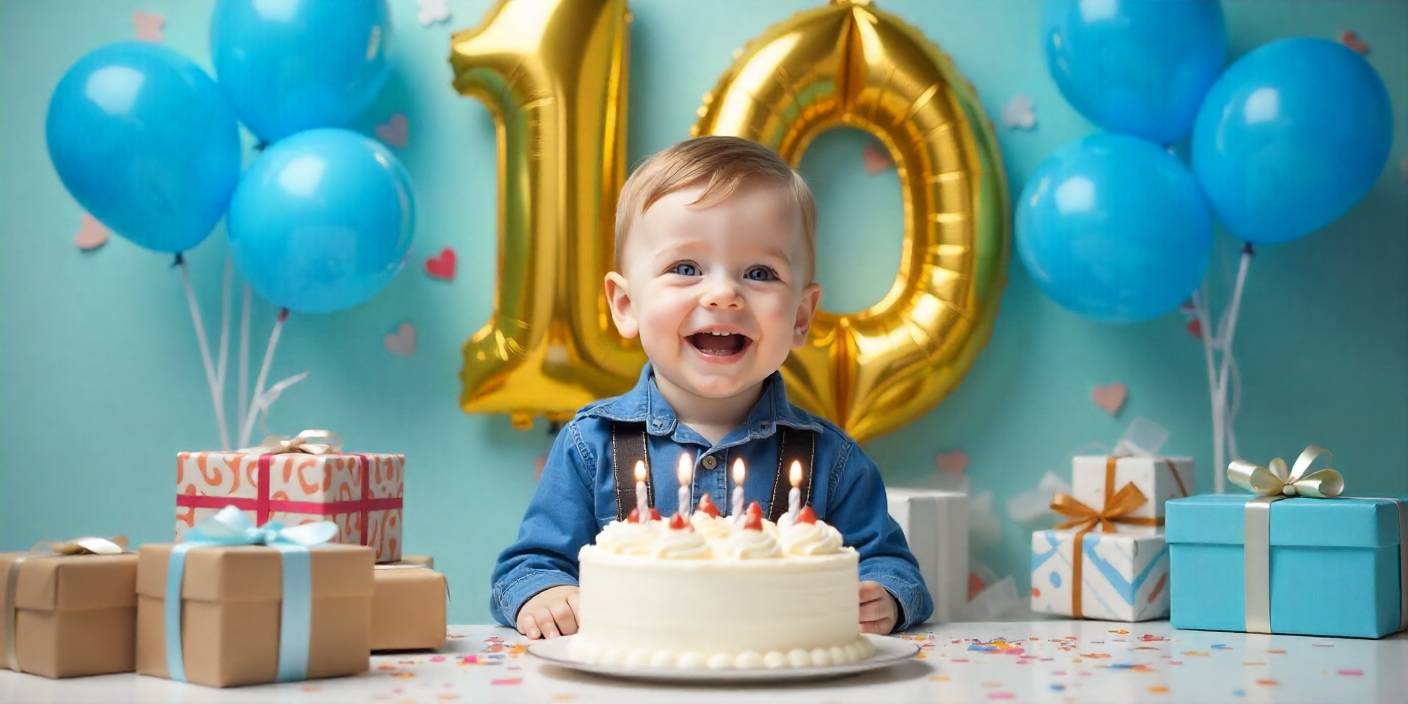 10th birthday celebration scene for son with balloons, cake, and gifts.