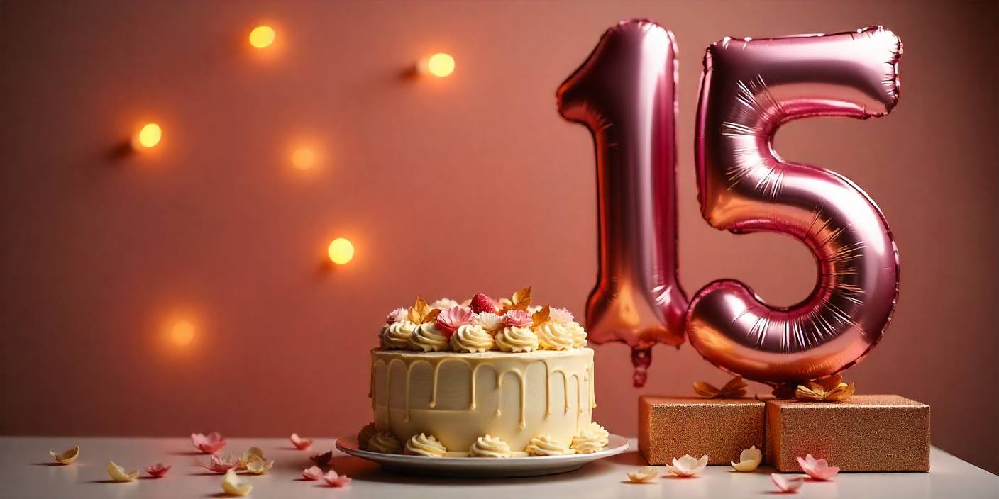 15th birthday celebration scene with cake, balloons, and gifts in pink and gold décor.