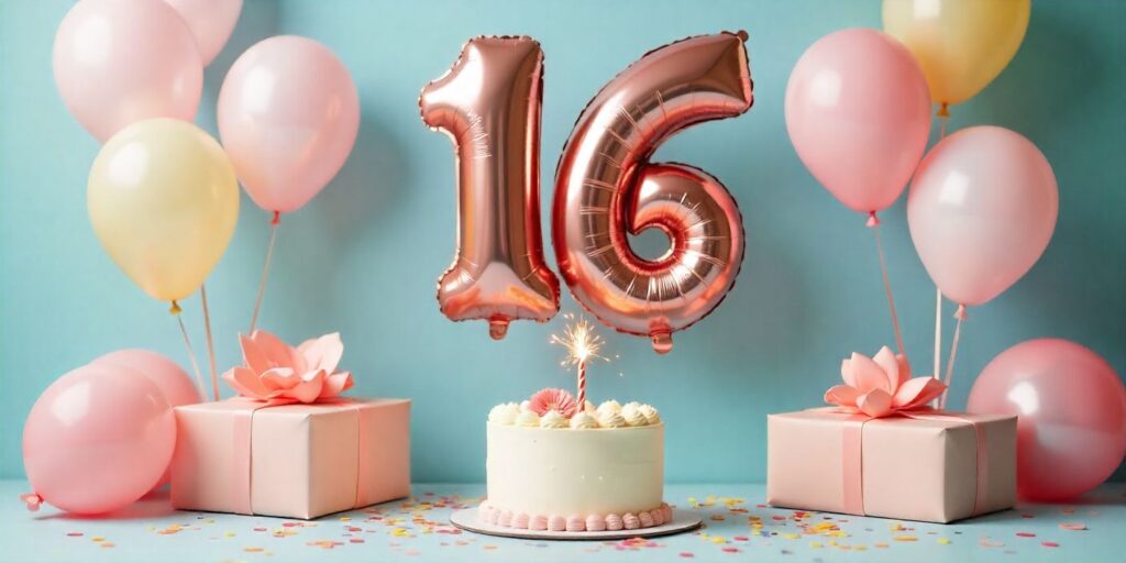 Sweet sixteen birthday decorations with a “16” balloon, gifts, and a sparkler cake.
