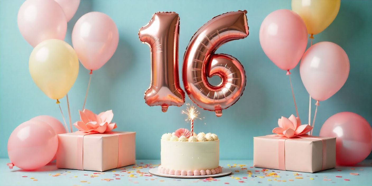 Sweet sixteen birthday decorations with a “16” balloon, gifts, and a sparkler cake.