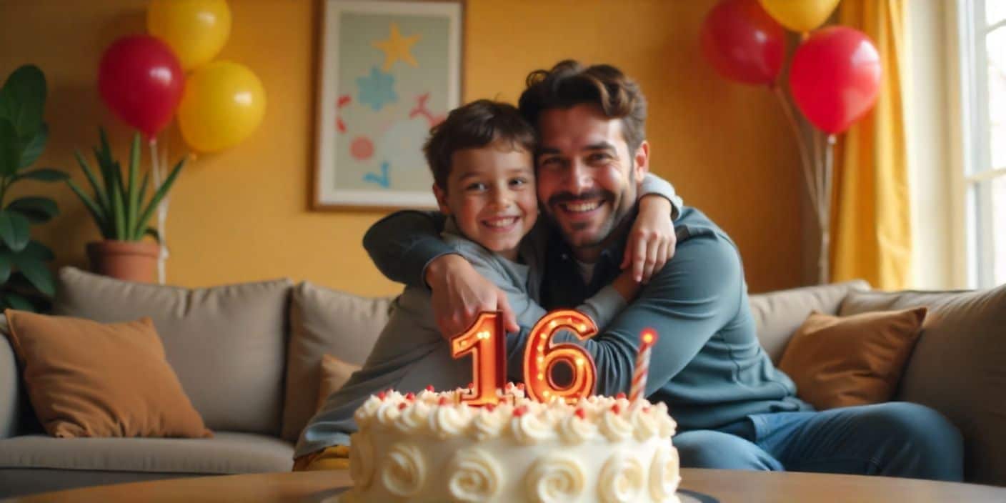 Happy 16th birthday celebration image with father and son smiling near a birthday cake.
