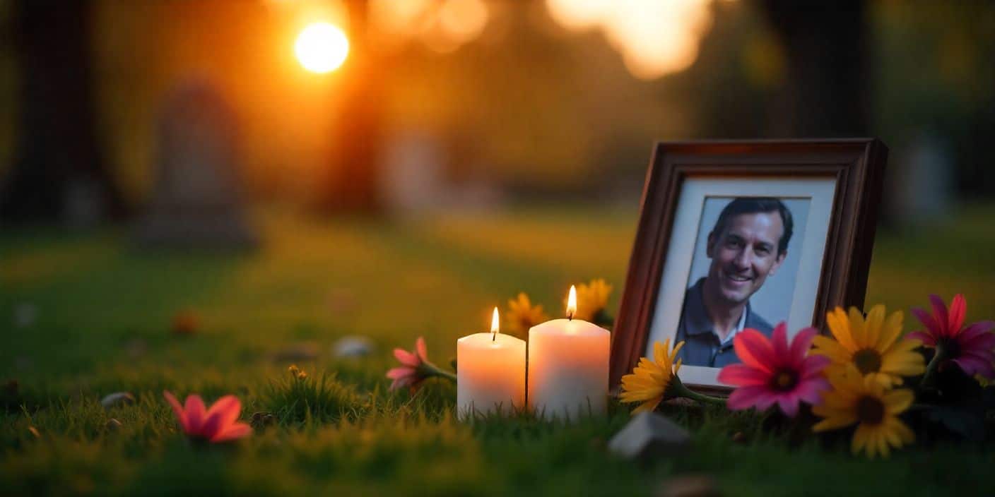 Memorial anniversary image with two candles, flowers, and sunrise honoring a loved one.