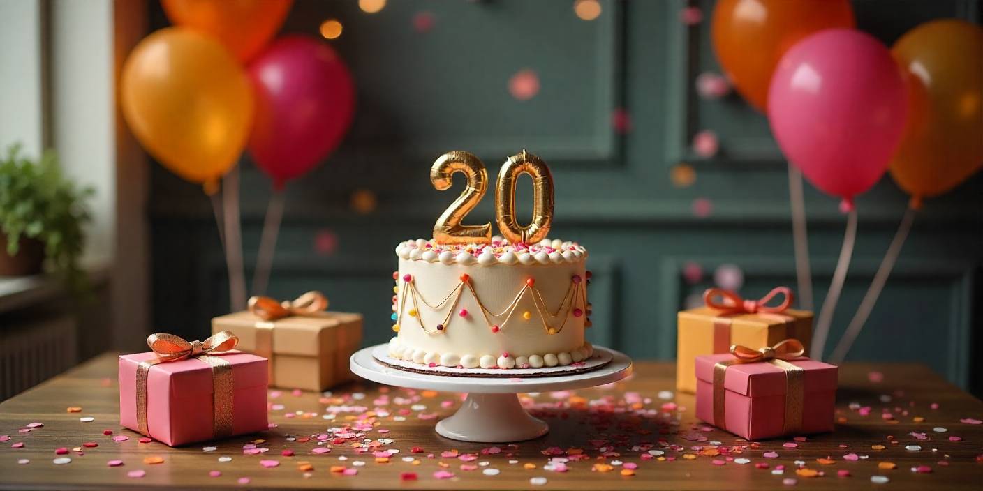 Colorful 20th birthday celebration setup with balloons, cake, and presents.