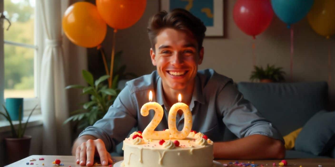 Happy 20th birthday celebration for son with cake, balloons, and confetti in a cheerful home setting.