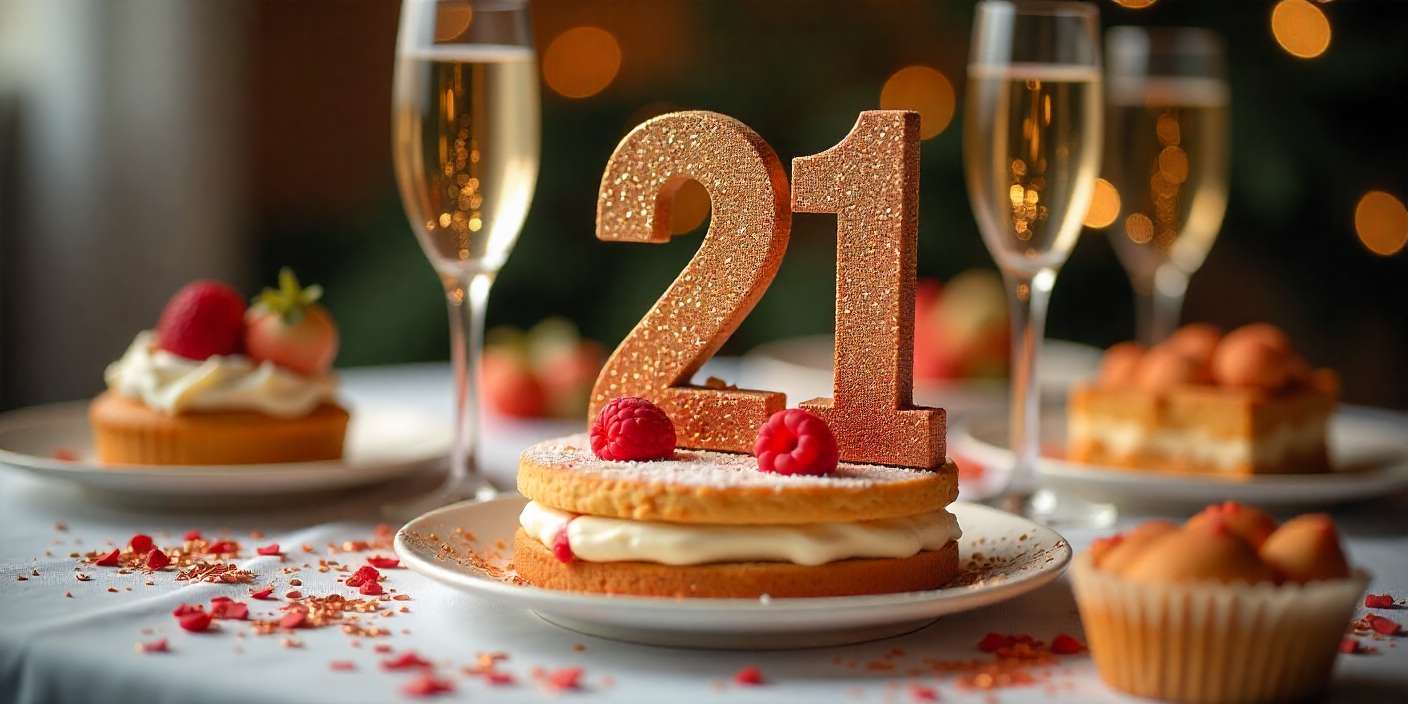 Vibrant 21st birthday celebration setup with decorations and champagne.